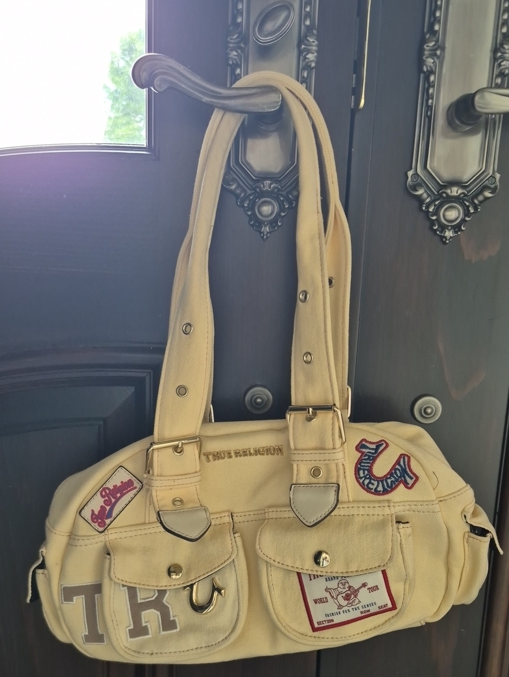 True Religion Cream Canvas Shoulder Tote with Patch Details